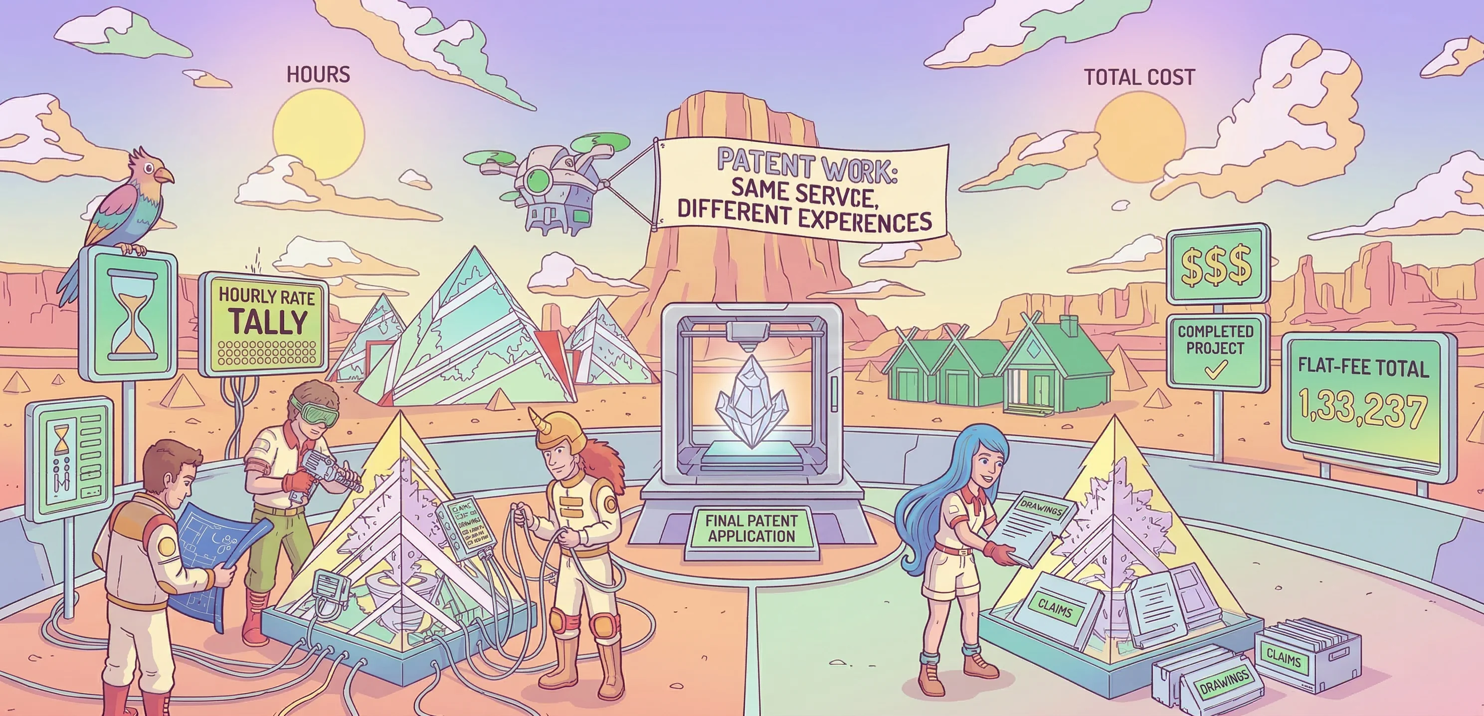 Illustration comparing flat-fee and hourly patent services